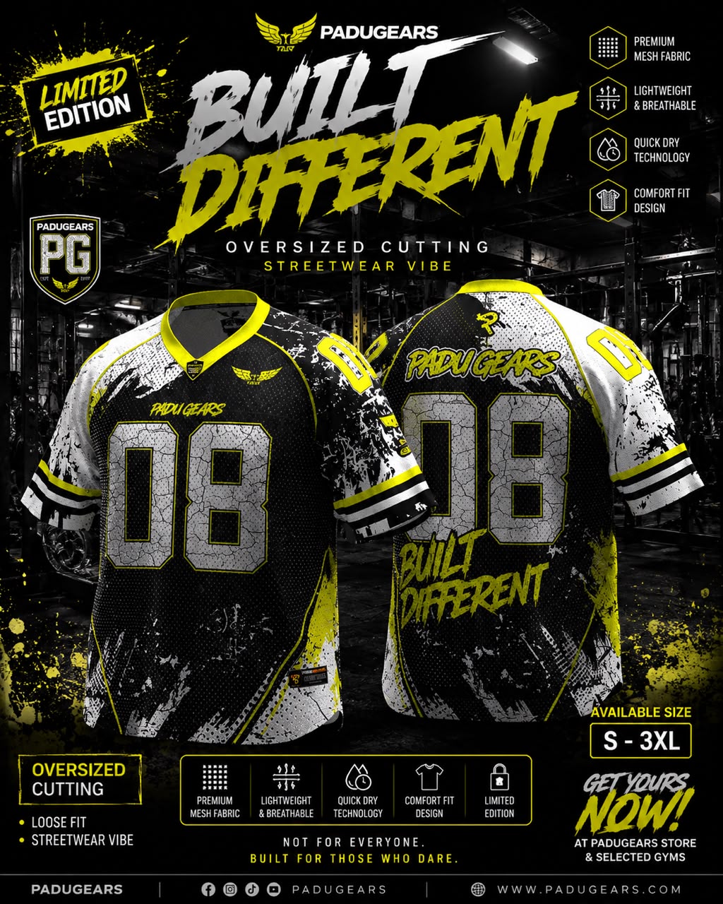 Built Different yellow oversized jersey promotional image showing number 08 design and fabric features