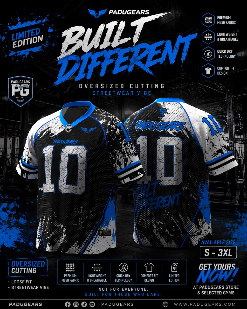 Padu Gears Built Different oversized jersey promotional image showing design and fabric features
