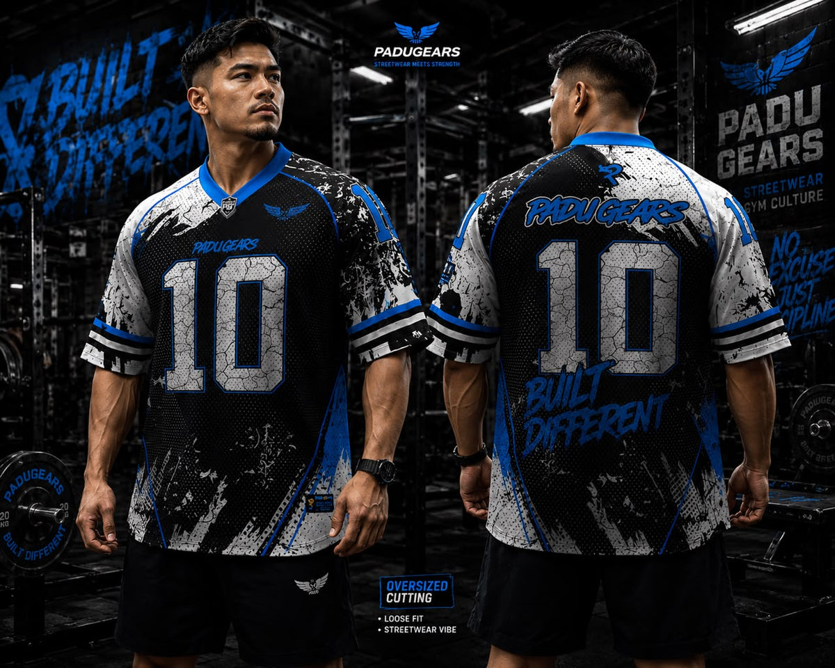 Front and back views of models wearing the Padu Gears Built Different blue oversized jersey
