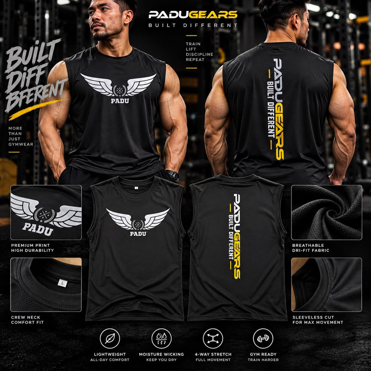 Built Different black sleeveless gym top showing front wing logo, white-and-yellow back branding and fabric details