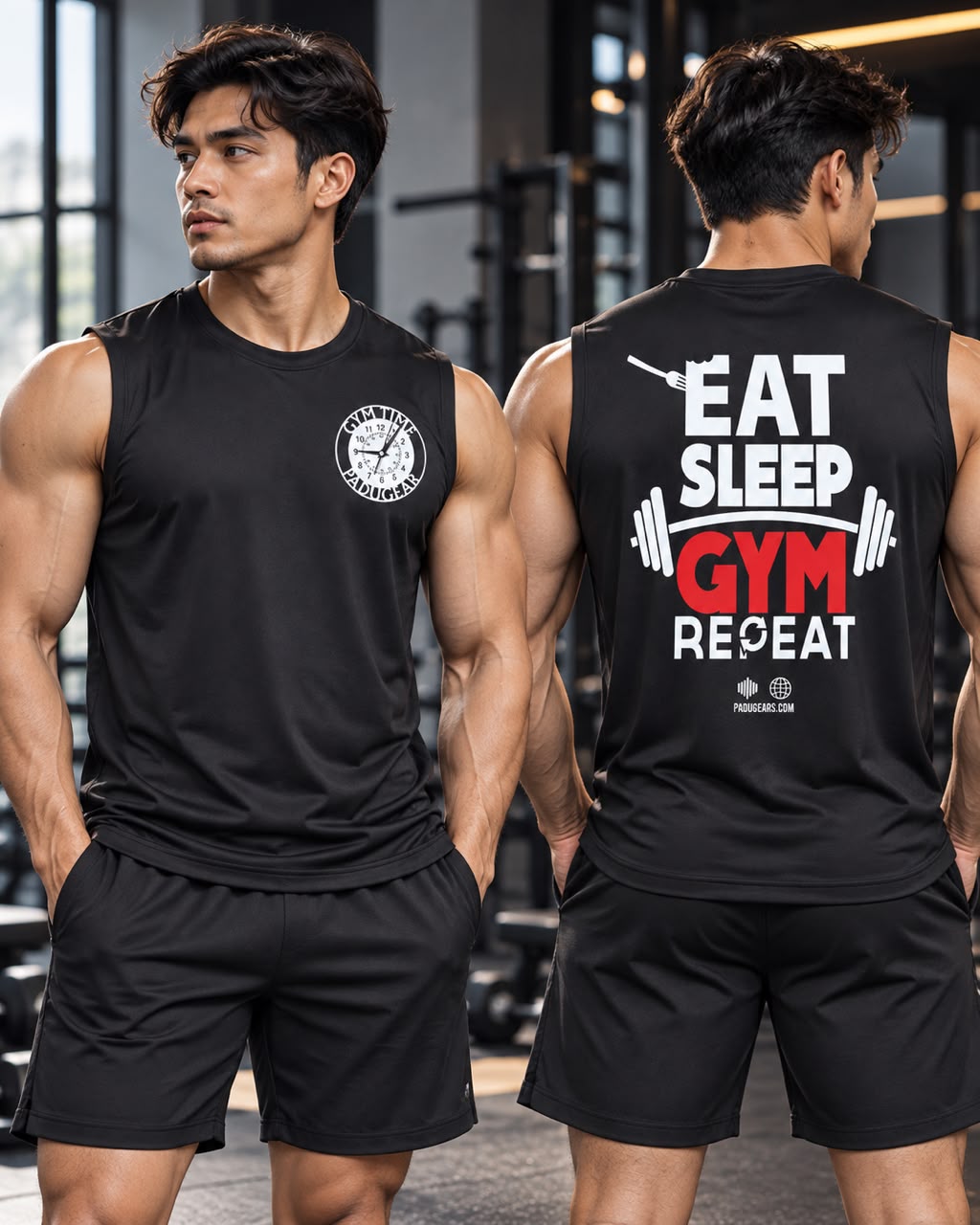 Front and back of black Eat Sleep Gym Repeat sleeveless gym top with white clock chest graphic and red-and-white back print