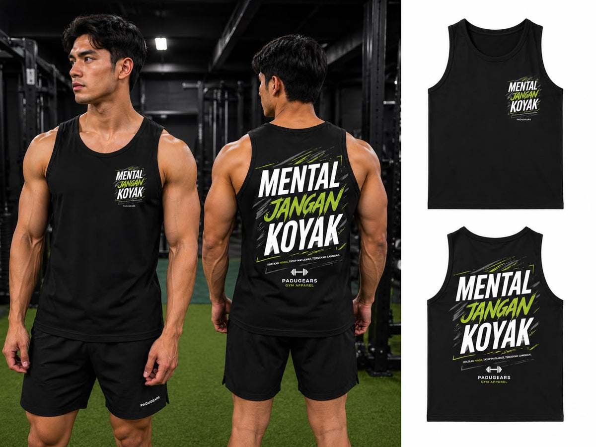 Front and back of black Mental Jangan Koyak sleeveless gym top with white-and-lime slogan graphics