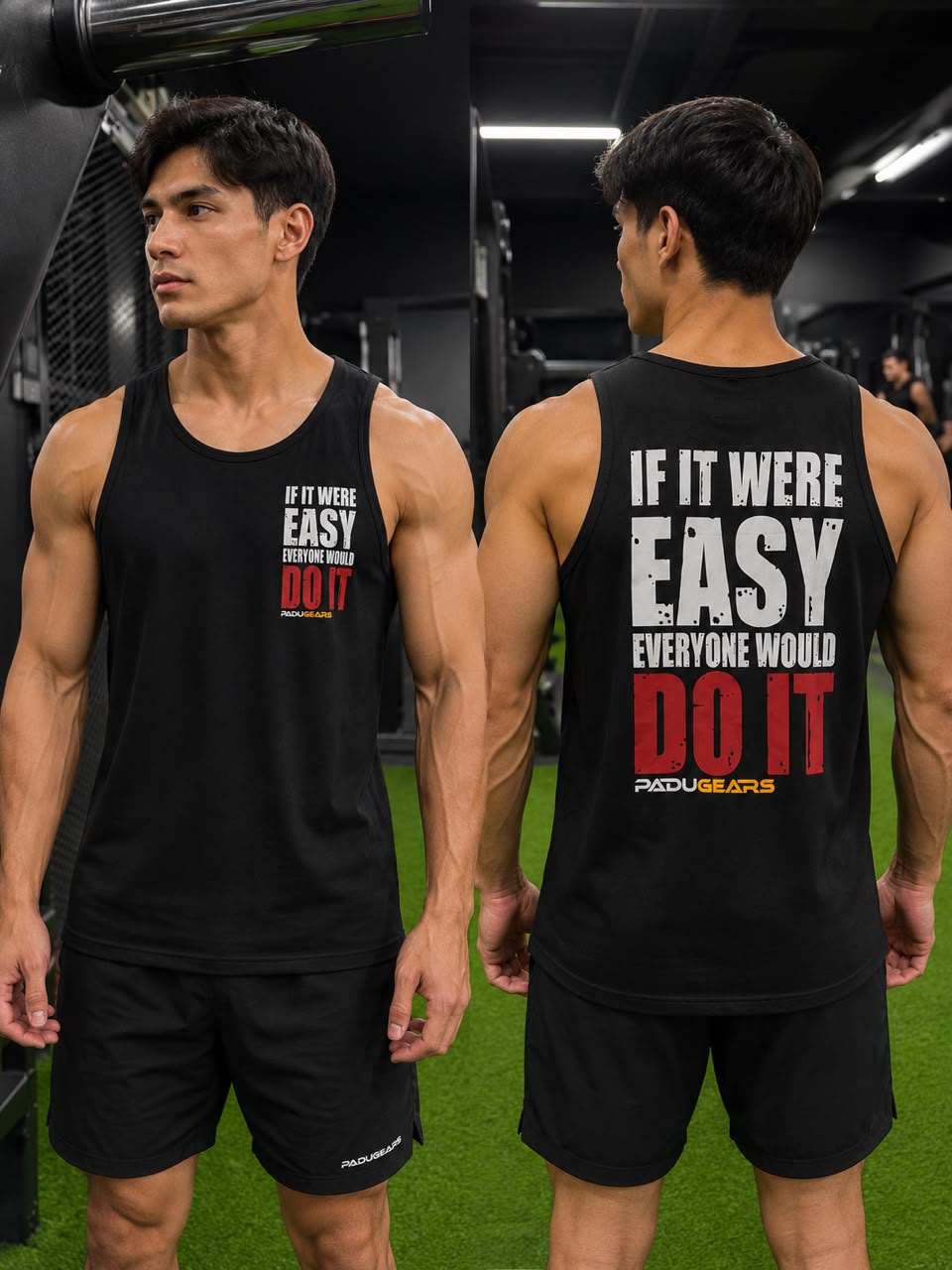 Front and back of black If It Were Easy sleeveless gym top with white-and-red motivational slogan print