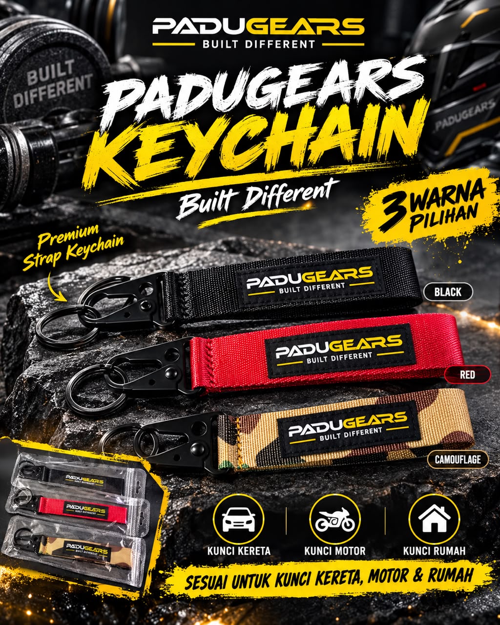 Padu Gears Built Different strap keychains in black, red and camouflage with black clips and split keyrings