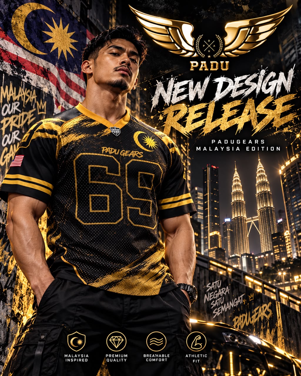 Male model wearing Padu Gears Malaysia Edition jersey