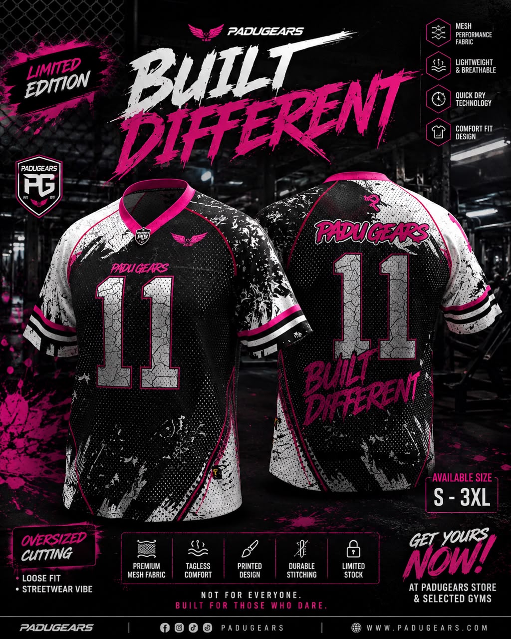 Built Different pink oversized jersey promotional image showing number 11 design and fabric features
