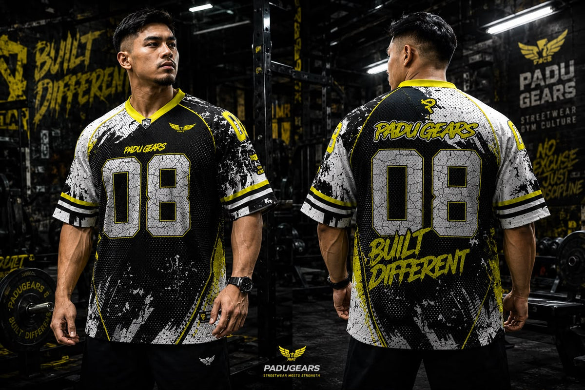 Front and back views of a model wearing the Built Different yellow oversized jersey