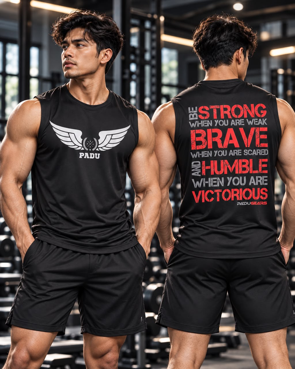 Front and back of black Strong Brave Humble sleeveless top with white wing chest logo and red-and-grey motivational back print