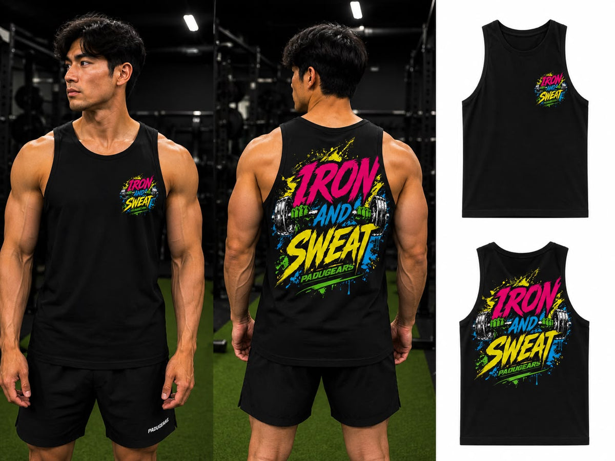 Front and back of black Iron and Sweat sleeveless gym top with colourful lettering and dumbbell artwork