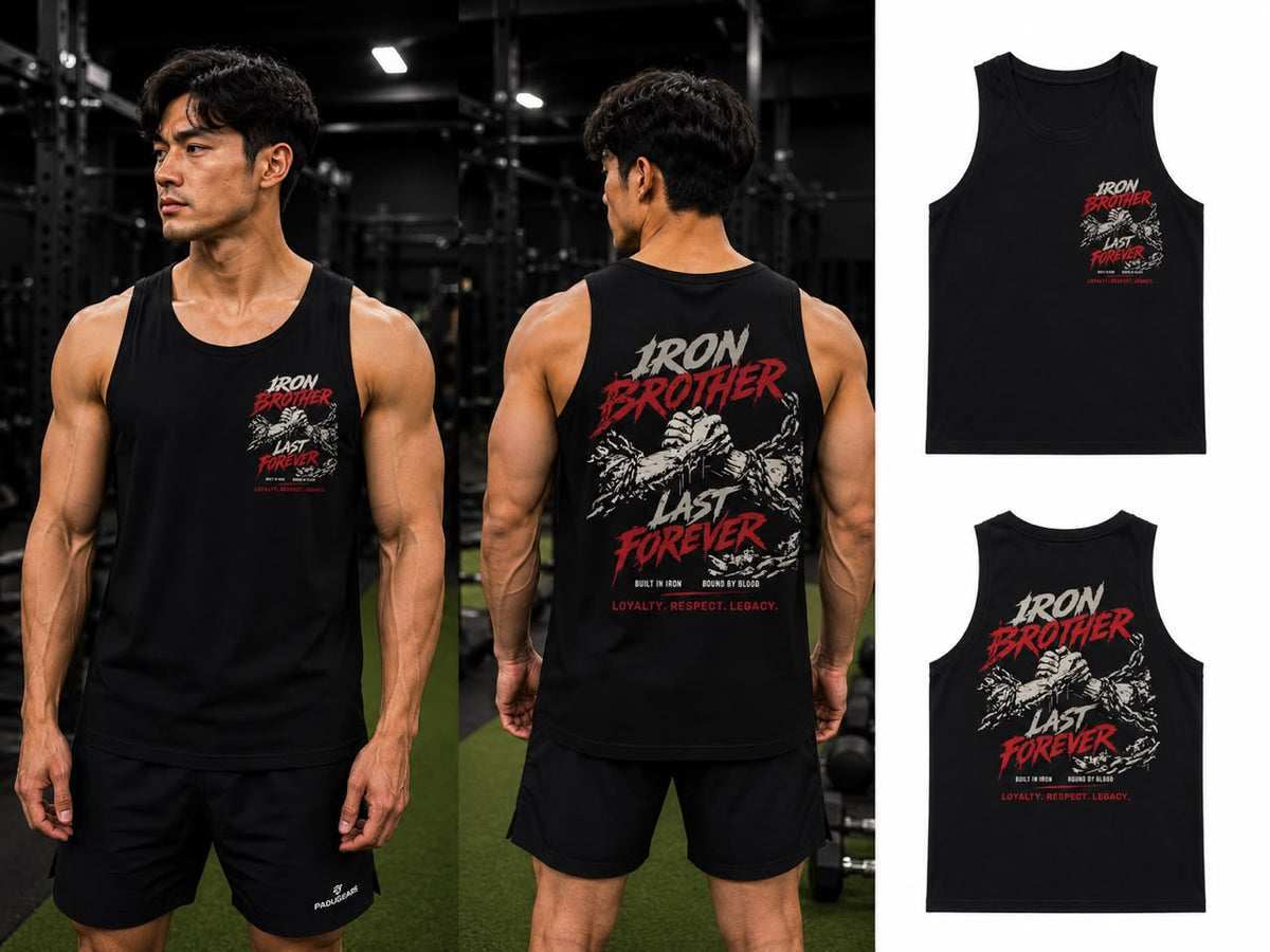 Front and back of black Iron Brother Last Forever sleeveless gym top with red-and-white lettering and clasped-hands artwork