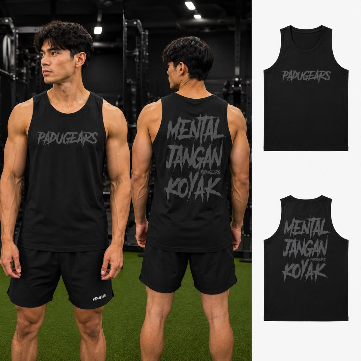 Front and back of black Mental Jangan Koyak sleeveless top with tonal grey chest lettering and slogan back print