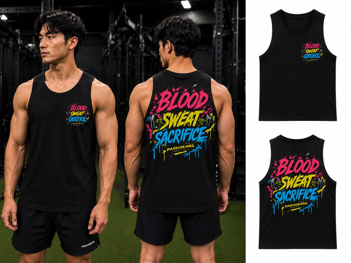 Front and back of black Blood Sweat Sacrifice sleeveless top with pink, yellow and blue lettering and dumbbell artwork