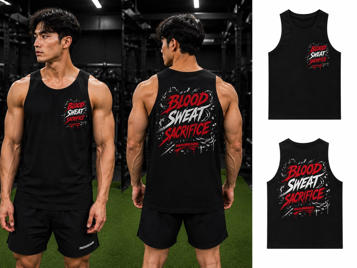 Front and back of black Blood Sweat Sacrifice sleeveless gym top with red-and-white slogan graphics