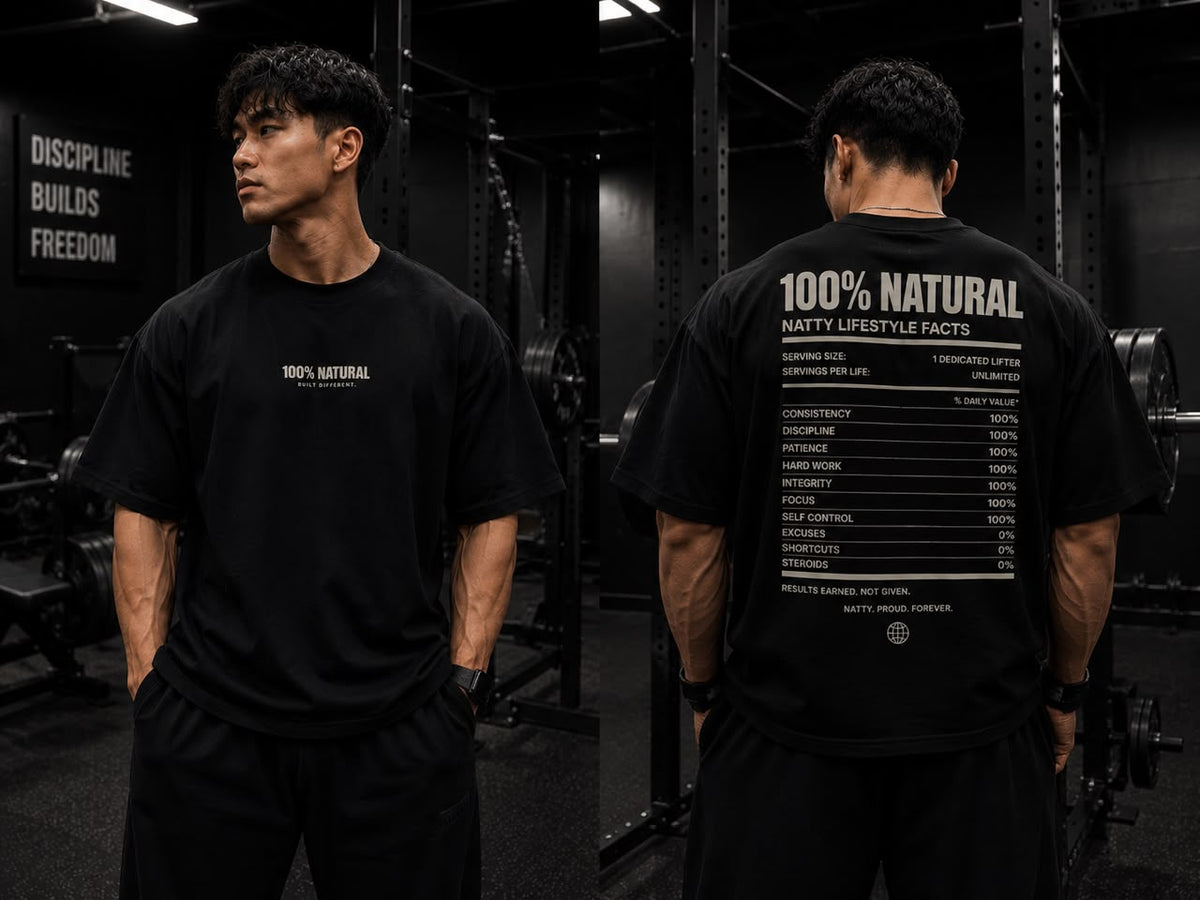 Front and back of black 100% Natural cotton T-shirt with small chest slogan and Natty Lifestyle Facts back graphic